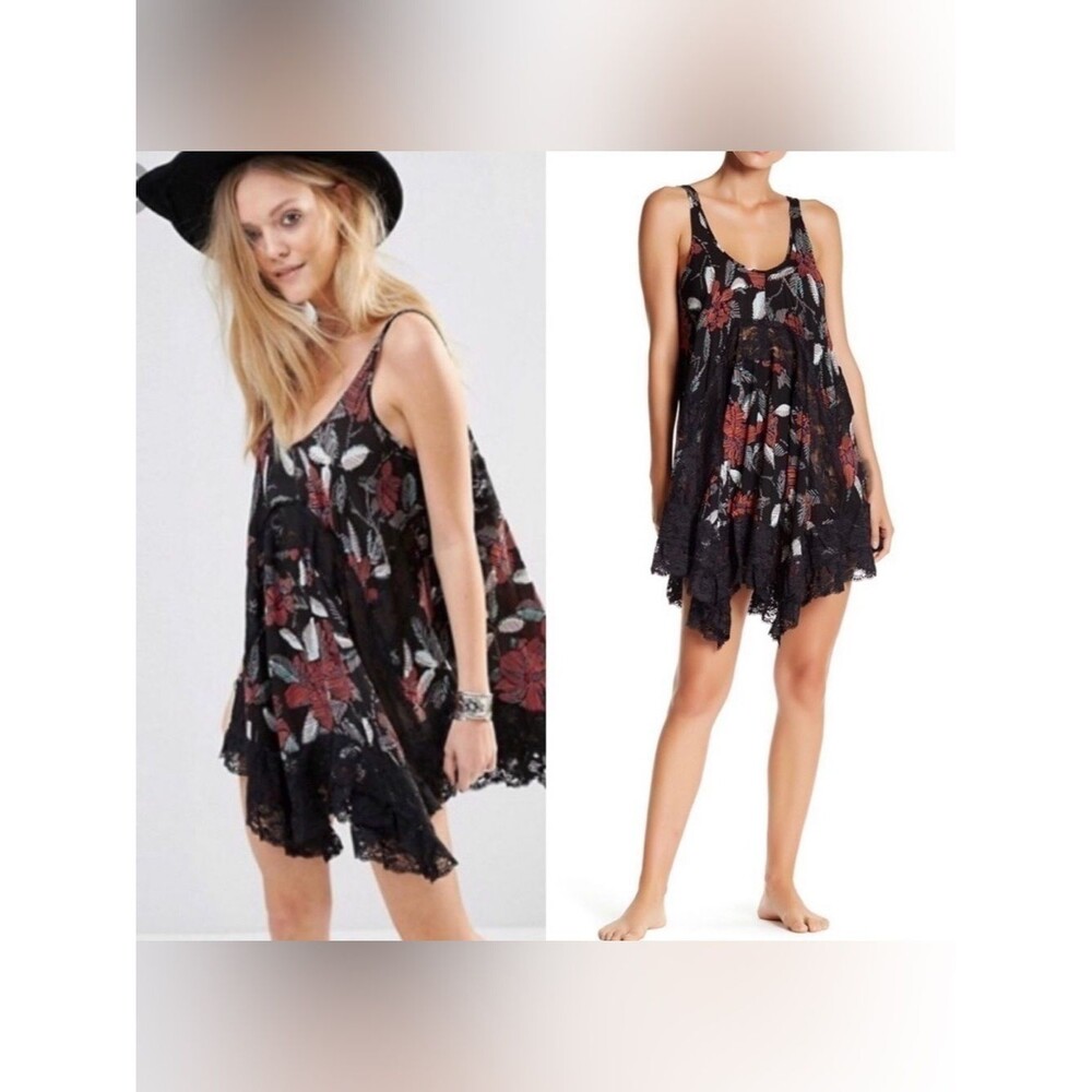 Boho Floral Lace-Trim Swing Dress - Black with Red Floral
